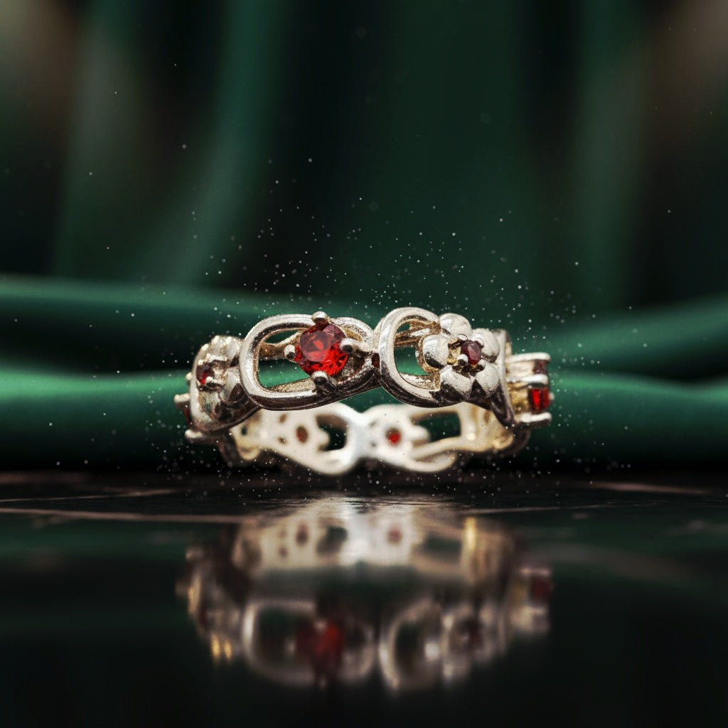 “Crimson Bloom Vintage Eternity Ring" – Floral Red Gemstone Band by Illuzion Jewelry