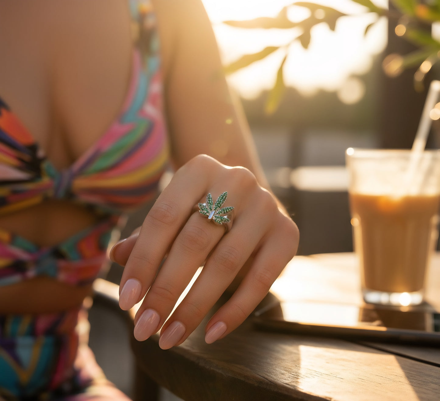 Emerald Aura Leaf Ring - 925 Sterling Silver