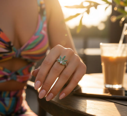 Emerald Aura Leaf Ring - 925 Sterling Silver