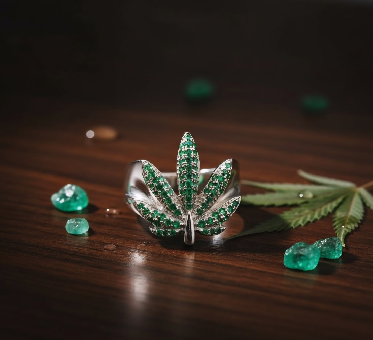 Emerald Aura Leaf Ring - 925 Sterling Silver