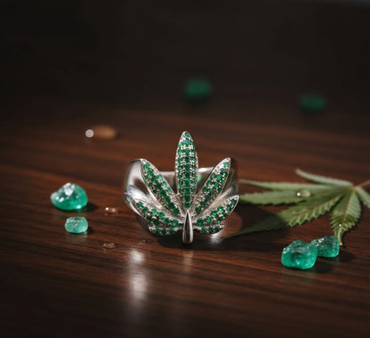Emerald Aura Leaf Ring - 925 Sterling Silver