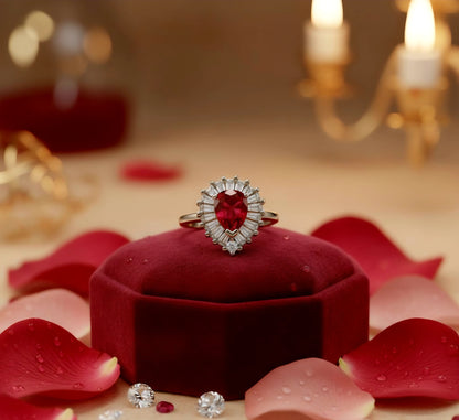 “Royal Flame Halo Ring" – Pear-Cut Red Gemstone & Baguette Crown by Illuzion Jewelry