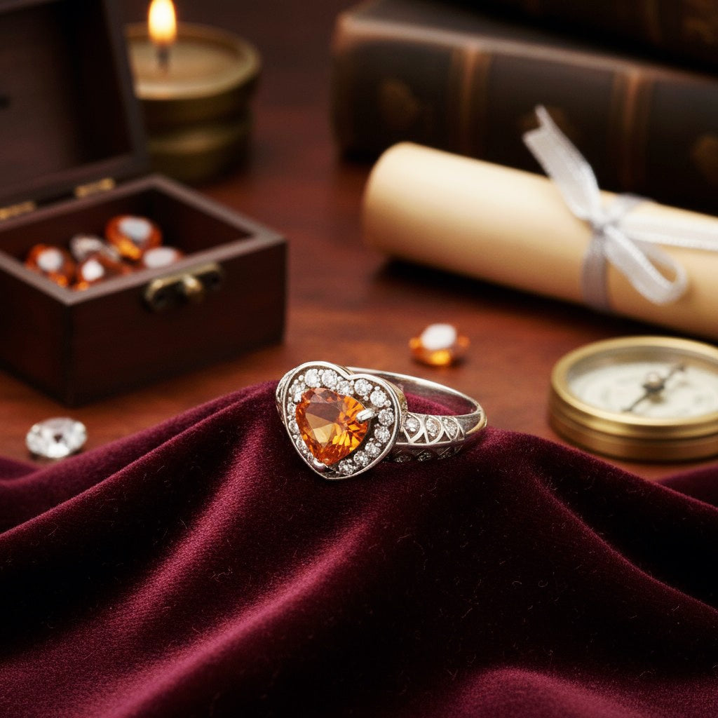 “Golden Heart Halo Ring" – Warm Citrine Glow in 925 Silver Filigree