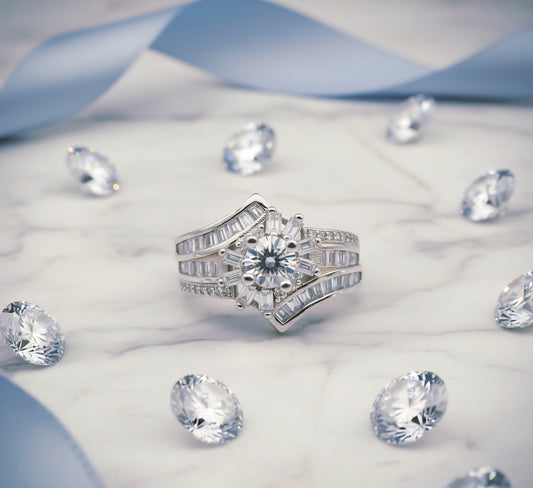 “Imperial Baguette Triple Halo Set" – 925 Sterling Silver Masterpiece