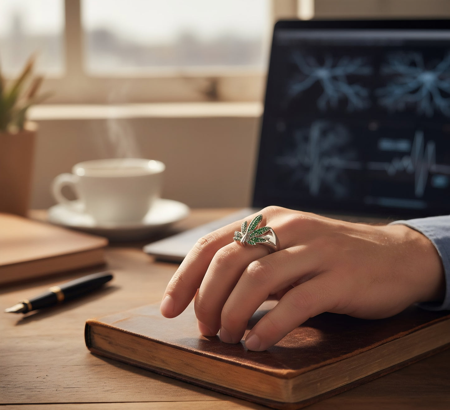 Emerald Aura Leaf Ring - 925 Sterling Silver