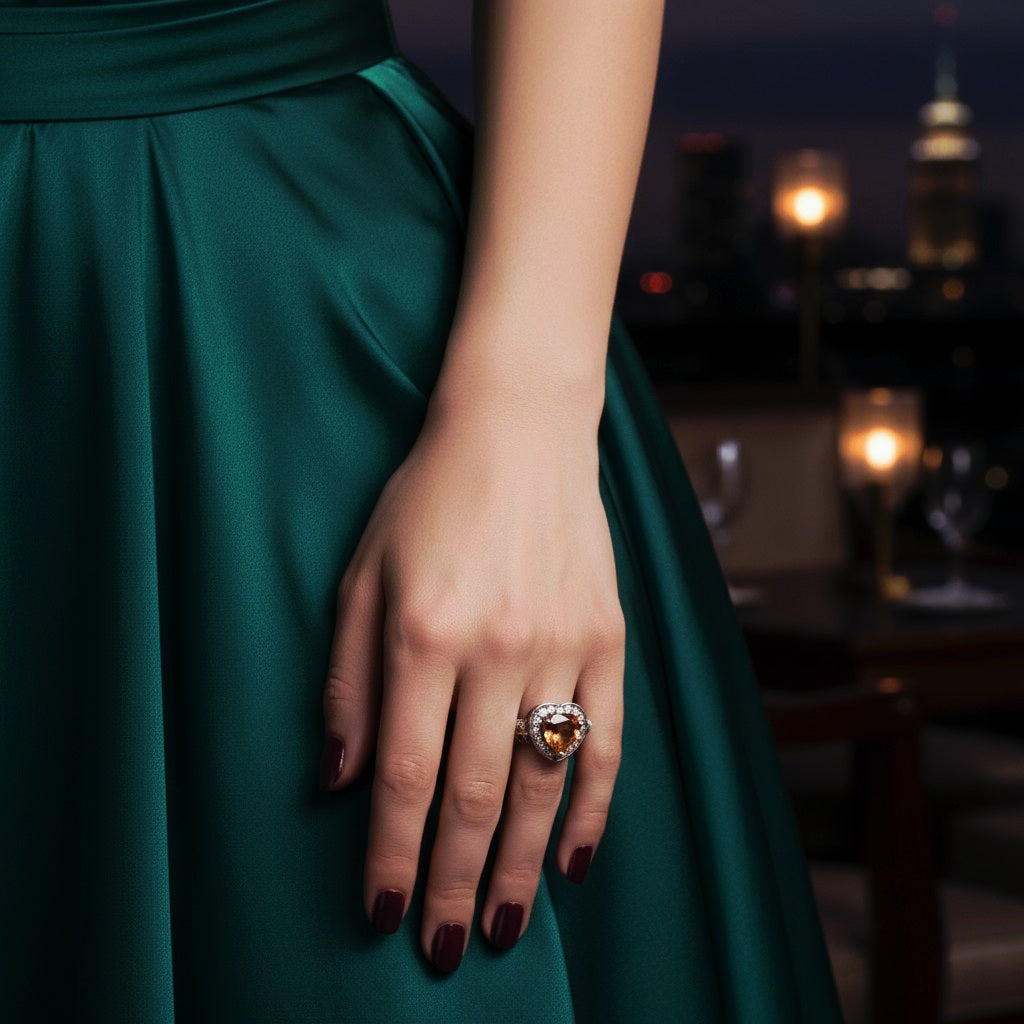 “Golden Heart Halo Ring" – Warm Citrine Glow in 925 Silver Filigree