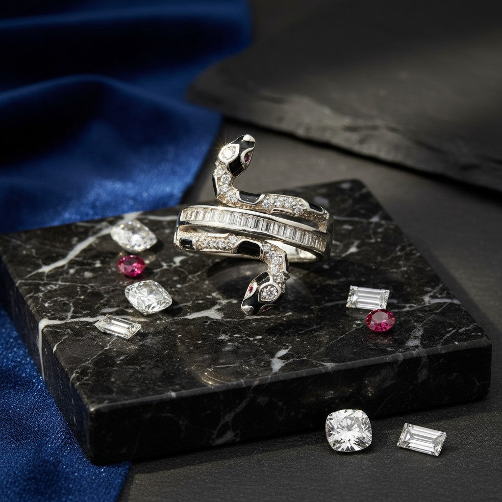 Serpent Luxe Wrap Ring – 925 Sterling Silver, Black Enamel & Pavé Stones