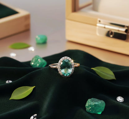 "Aqua Halo Dream Ring" – 925 Sterling Silver Oval Gemstone Glow