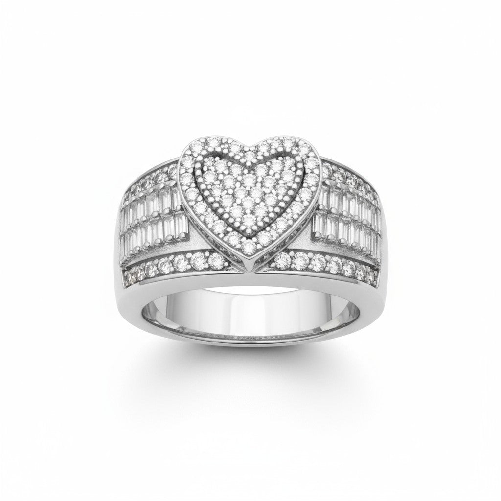 Baguette Halo Heart Ring – 925 Sterling Silver