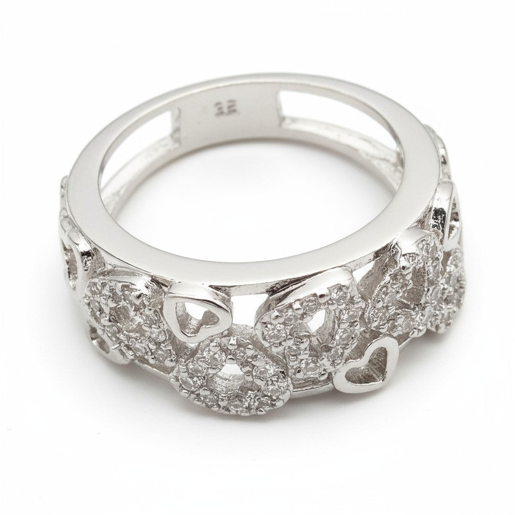 White Sapphire Heart Cluster Band – 925 Silver Love Ring