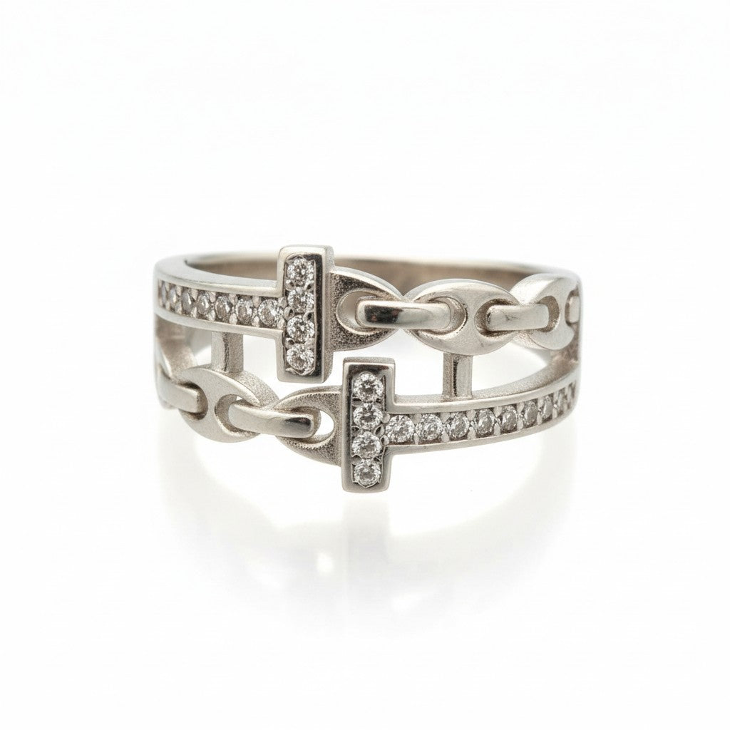 Linked Luxe Pavé Chain Ring – 925 Silver Double Band