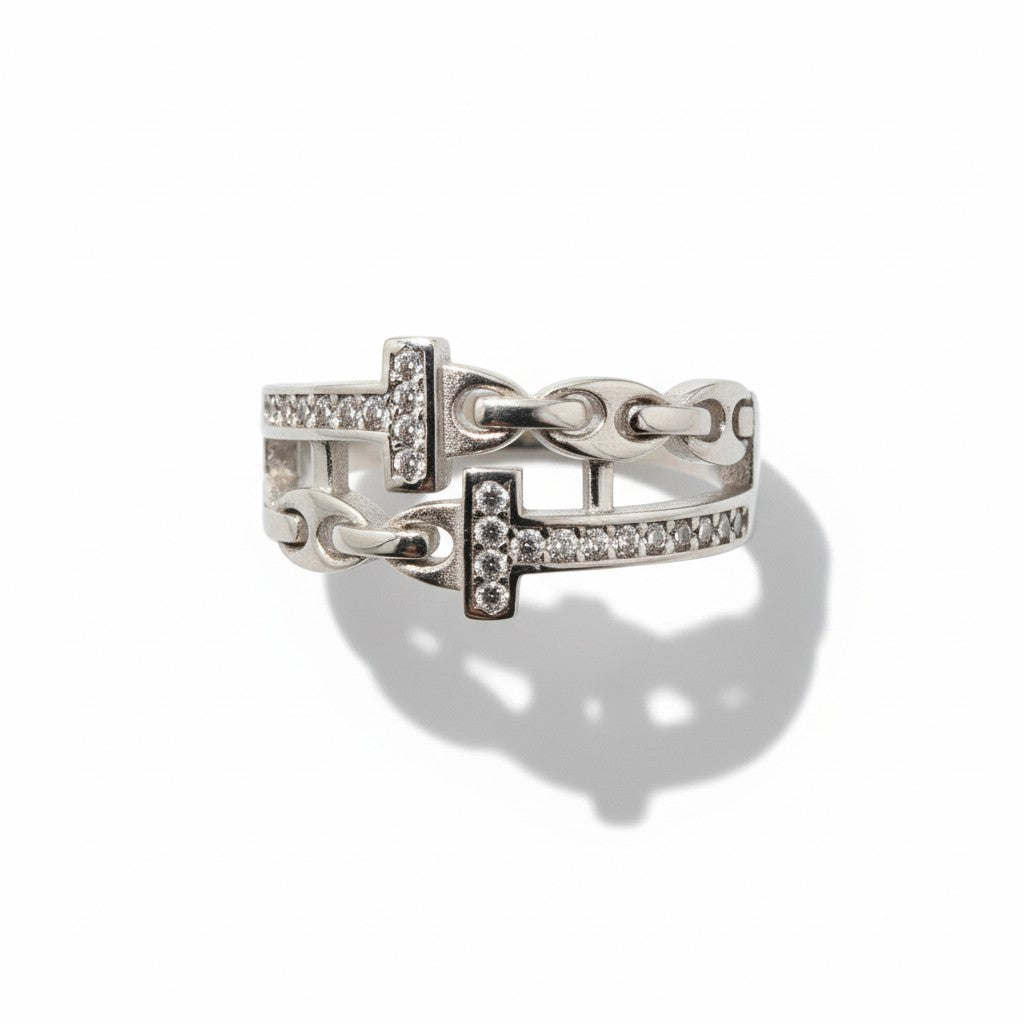 Linked Luxe Pavé Chain Ring – 925 Silver Double Band