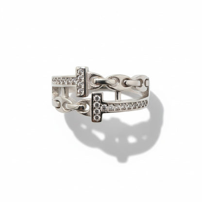 Linked Luxe Pavé Chain Ring – 925 Silver Double Band