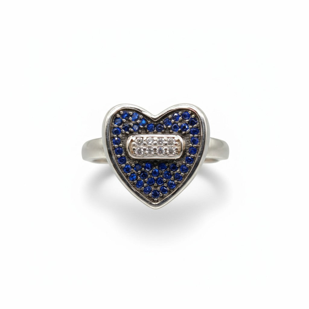 Sapphire Blue Heart Pave Ring with Baguette Accent – 925 Sterling Silver