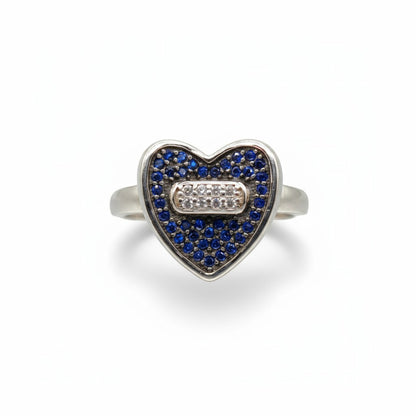 Sapphire Blue Heart Pave Ring with Baguette Accent – 925 Sterling Silver