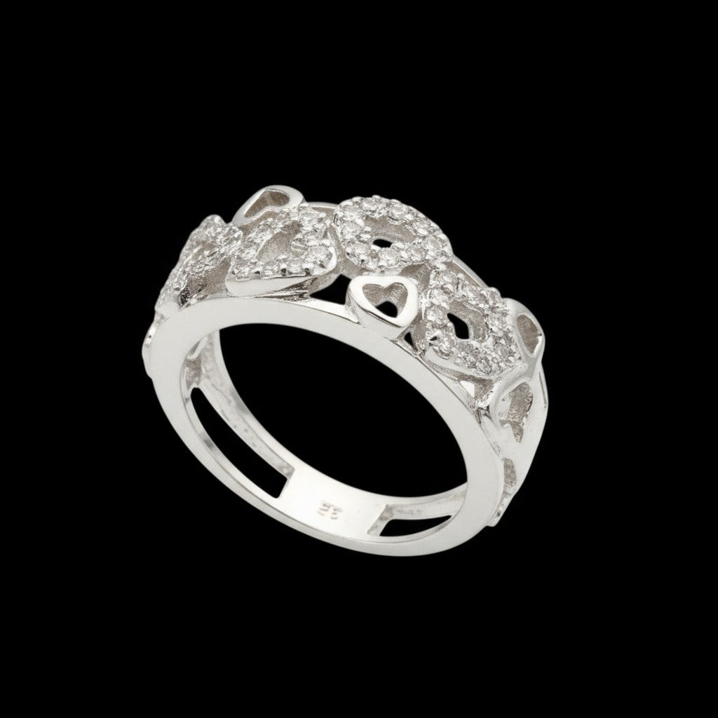 White Sapphire Heart Cluster Band – 925 Silver Love Ring