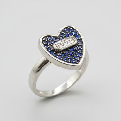 Sapphire Blue Heart Pave Ring with Baguette Accent – 925 Sterling Silver