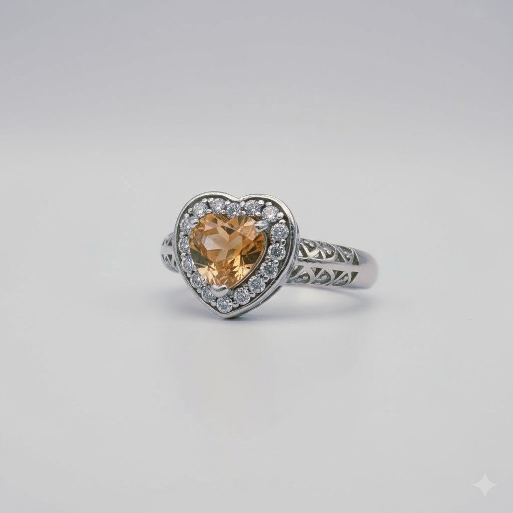 “Golden Heart Halo Ring" – Warm Citrine Glow in 925 Silver Filigree