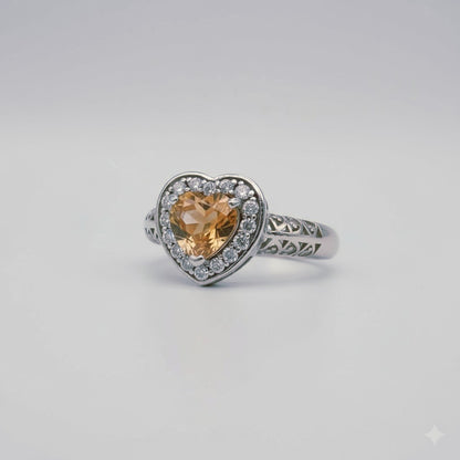 “Golden Heart Halo Ring" – Warm Citrine Glow in 925 Silver Filigree