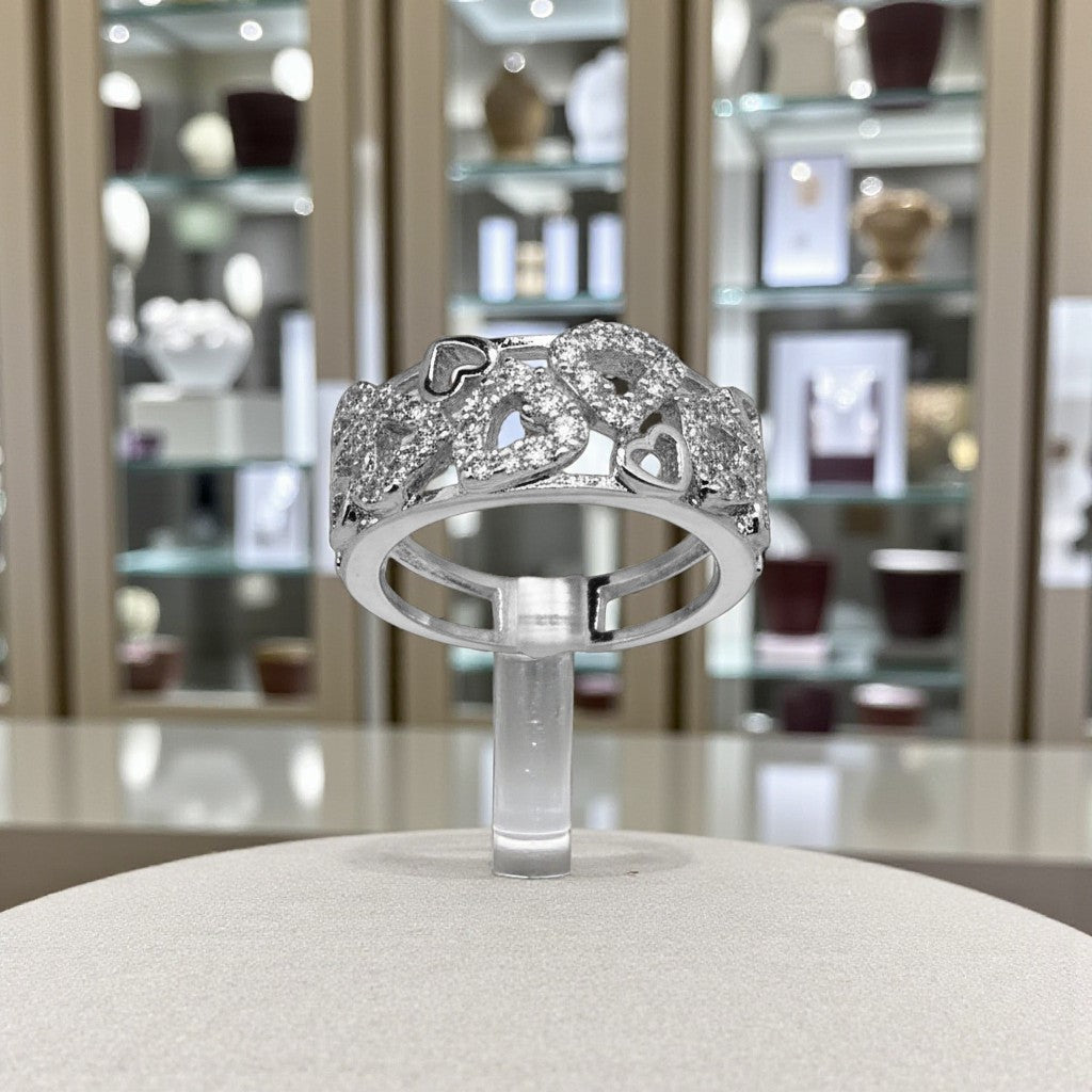 White Sapphire Heart Cluster Band – 925 Silver Love Ring