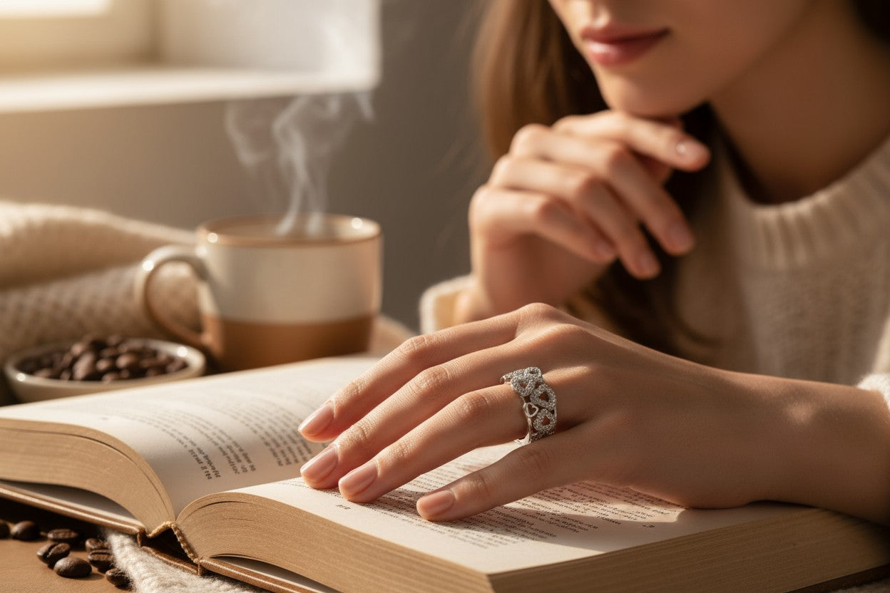 White Sapphire Heart Cluster Band – 925 Silver Love Ring