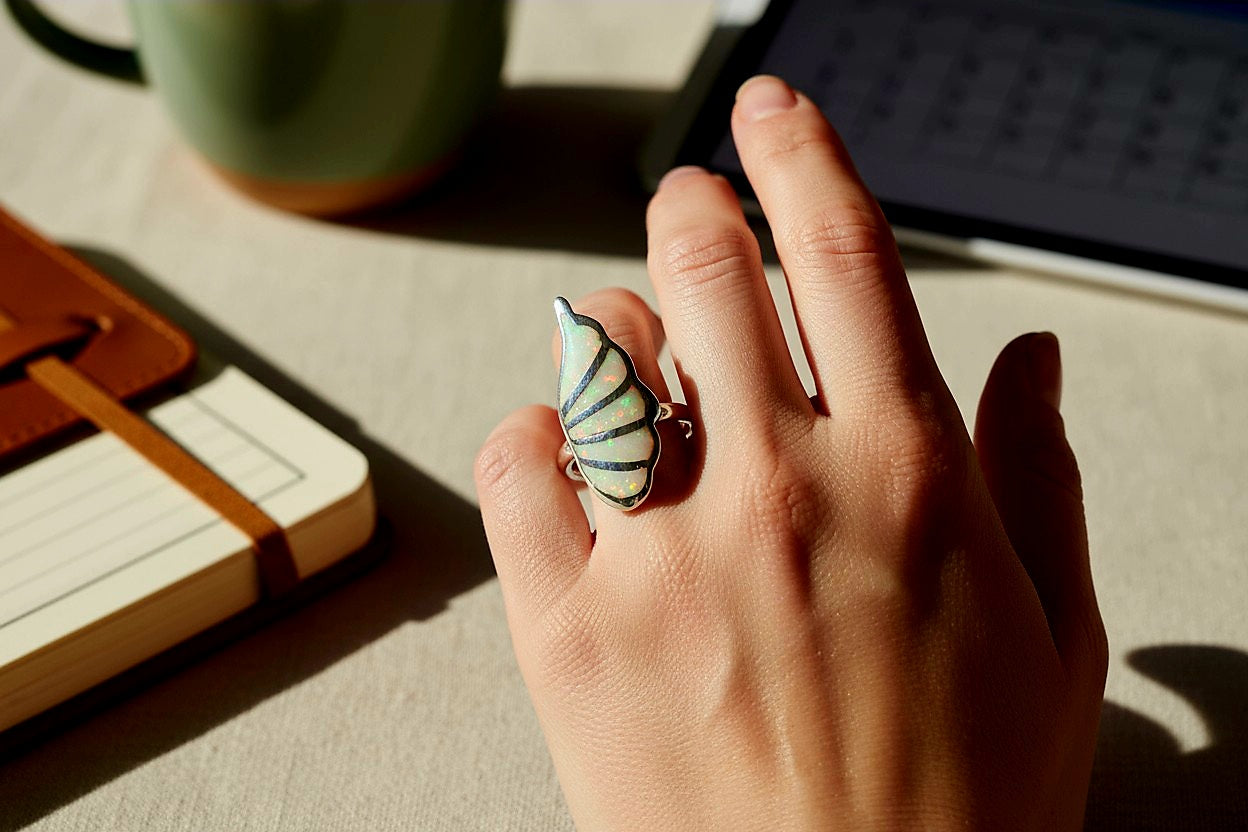 “Ethereal Opal Wing Ring" – Iridescent Inlay Magic in 925 Silver