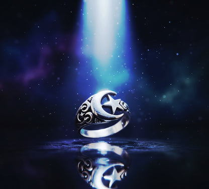 “Moon & Star Guardian Ring" – Celestial Protection in 925 Silver