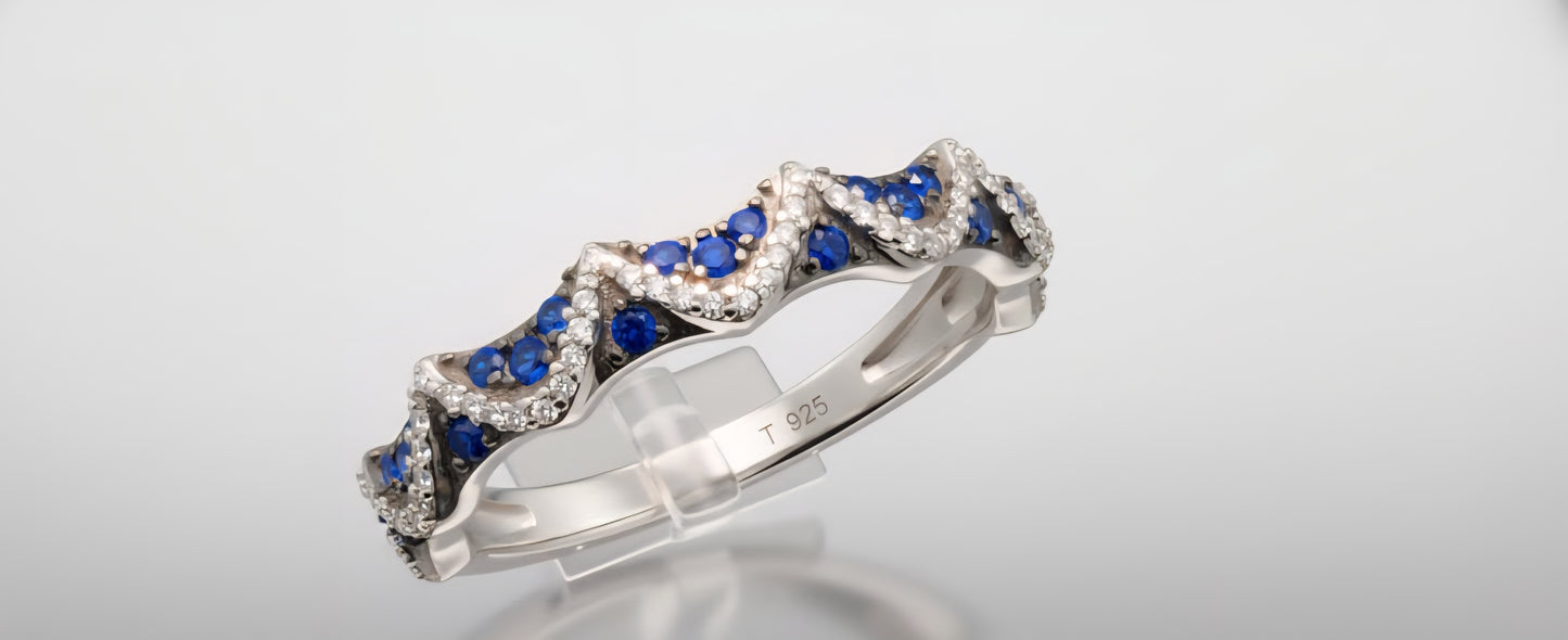 Blue Sapphire Wave Eternity Band – 925 Sterling Silver