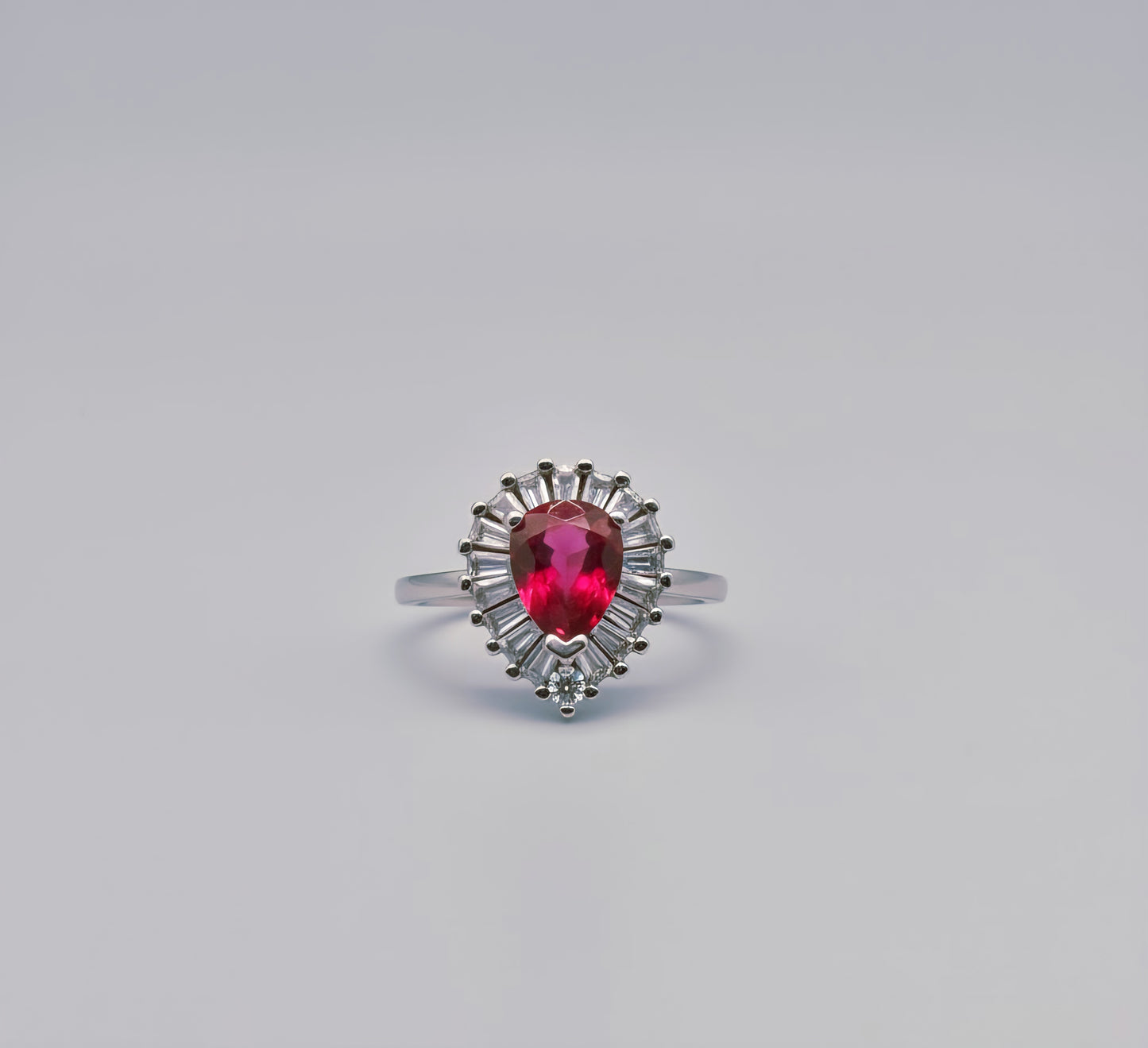 “Royal Flame Halo Ring" – Pear-Cut Red Gemstone & Baguette Crown by Illuzion Jewelry