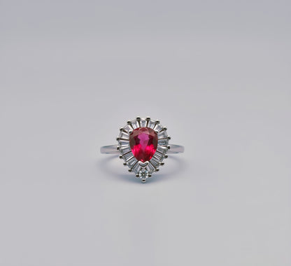 “Royal Flame Halo Ring" – Pear-Cut Red Gemstone & Baguette Crown by Illuzion Jewelry