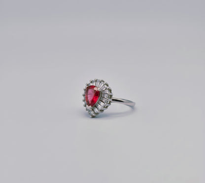 “Royal Flame Halo Ring" – Pear-Cut Red Gemstone & Baguette Crown by Illuzion Jewelry