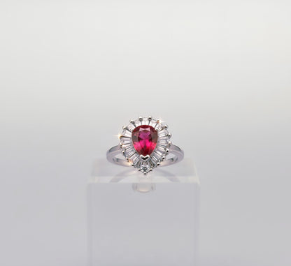 “Royal Flame Halo Ring" – Pear-Cut Red Gemstone & Baguette Crown by Illuzion Jewelry