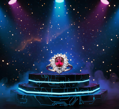 “Royal Flame Halo Ring" – Pear-Cut Red Gemstone & Baguette Crown by Illuzion Jewelry