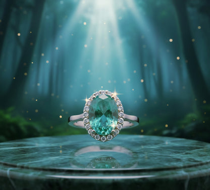 "Aqua Halo Dream Ring" – 925 Sterling Silver Oval Gemstone Glow