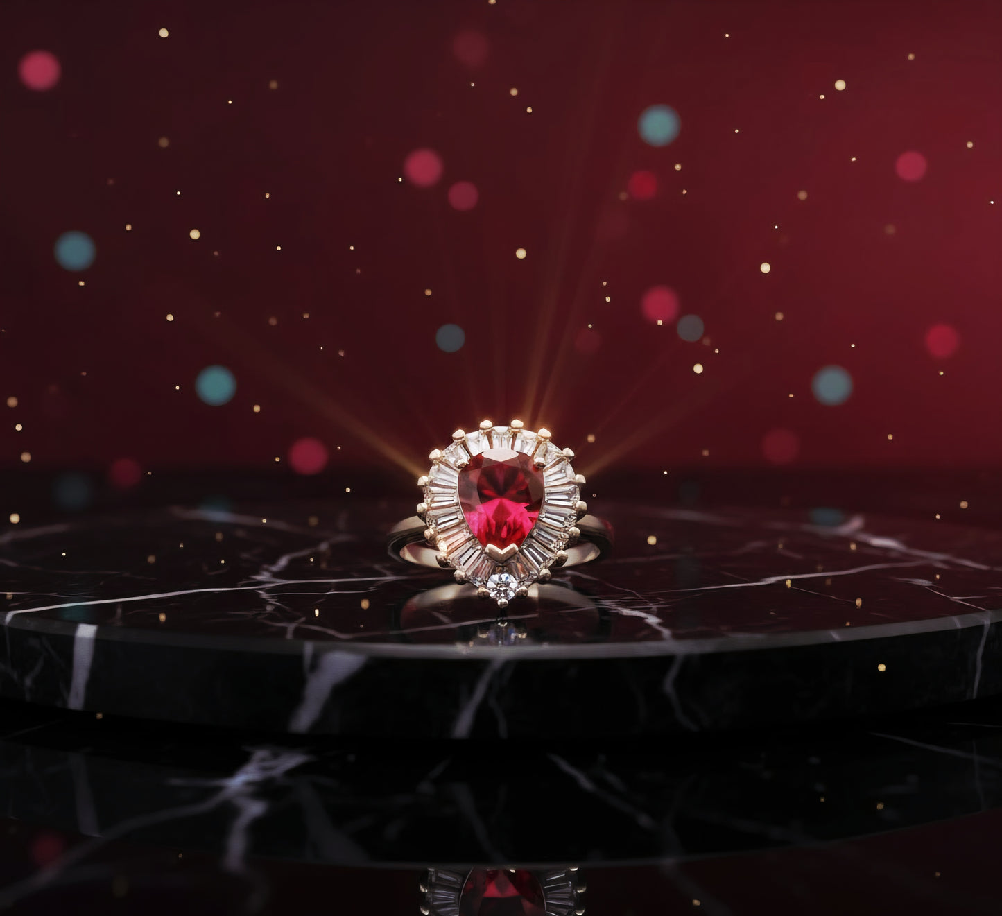 “Royal Flame Halo Ring" – Pear-Cut Red Gemstone & Baguette Crown by Illuzion Jewelry