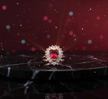 “Royal Flame Halo Ring" – Pear-Cut Red Gemstone & Baguette Crown by Illuzion Jewelry