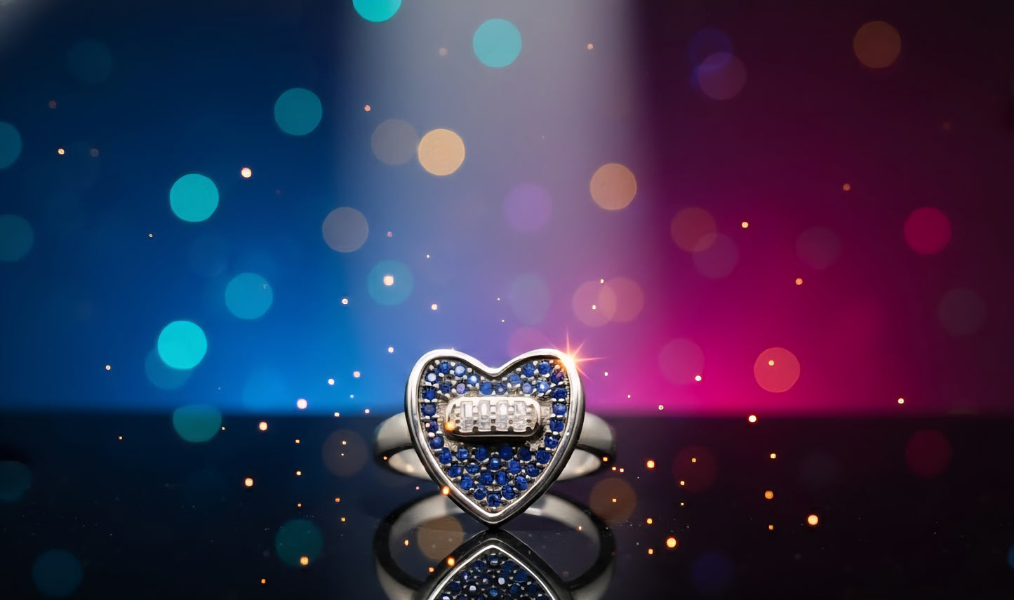 Sapphire Blue Heart Pave Ring with Baguette Accent – 925 Sterling Silver