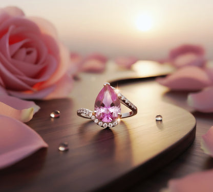“Pear-Cut Pink Radiance Ring" – 925 Silver & Brilliant CZ Wrap Design