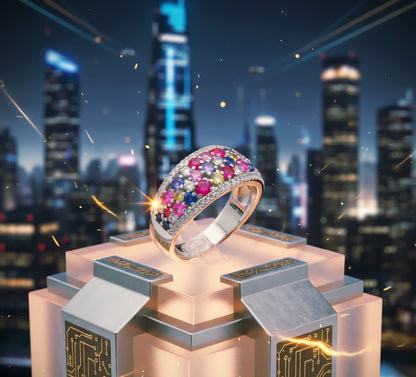 “Prism Burst Gemstone Band" – Multicolor 925 Silver Ring