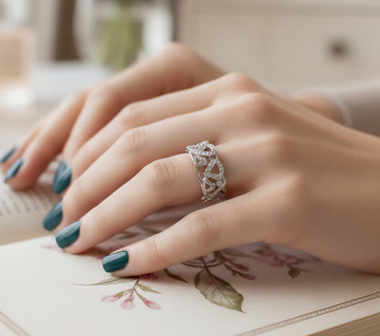 White Sapphire Heart Cluster Band – 925 Silver Love Ring