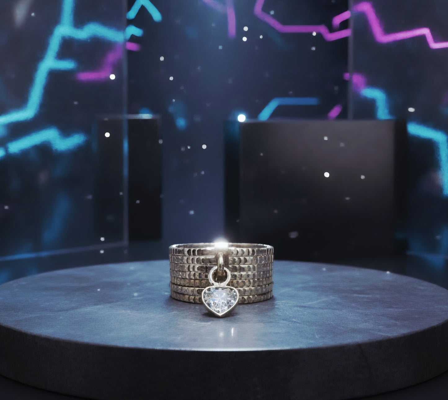 “Silver Heart Charm Statement Band" – Modern Sparkle Ring by Illuzion Jewelry