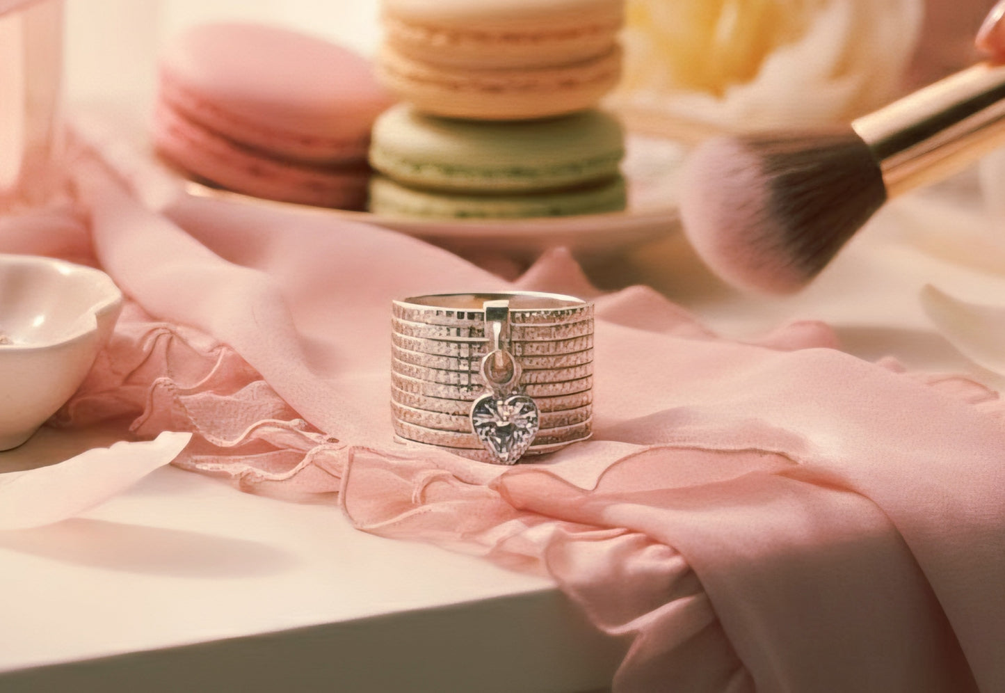 “Silver Heart Charm Statement Band" – Modern Sparkle Ring by Illuzion Jewelry