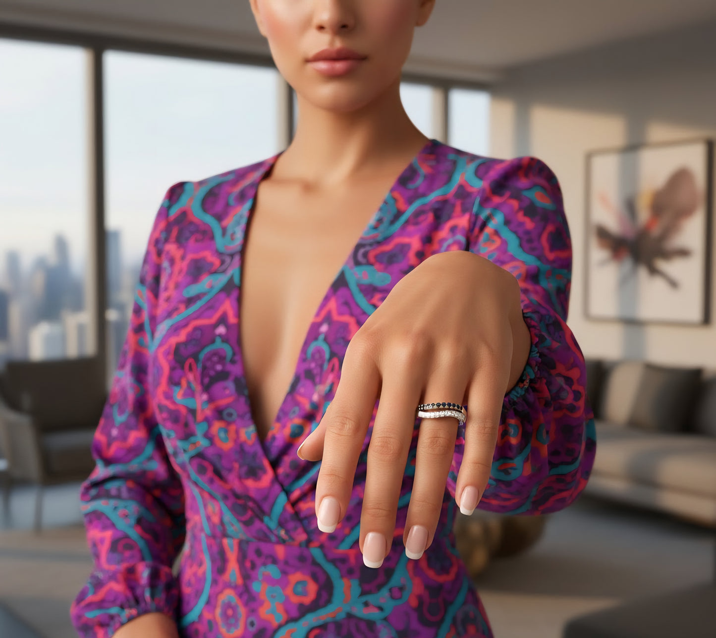 Eclipse Noir Dual Band Ring – Black & White Stones on 925 Silver